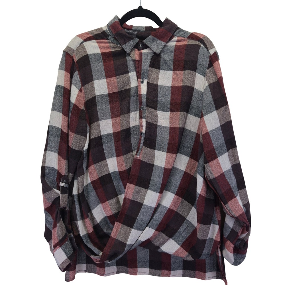 BLANKNYC Plaid Collared Button Up Shirt Burgundy‎ Gray Womens Large Festival